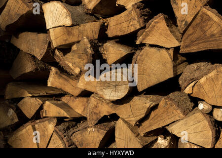 Detail os a lot of firewood - wooden abstract background. Outdoor rack with firewood logs. Stock Photo