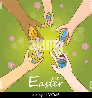 Multi ethnic hands holding colorful easter eggs after egg hunt Stock Vector