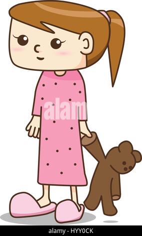 Cartoon girl in pajamas dress with her teddy vector Stock Vector