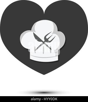 Chef's hat with knife and fork on heart, love cooking concepts Stock Vector