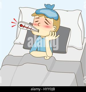 Sick boy lying on the bed Stock Vector