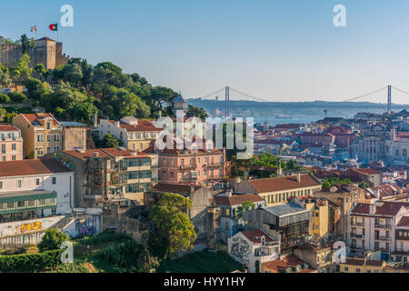 Panoramic late afternoon view from Miradouro da Graca in Lisbon, Portugal, June-29-2016 Stock Photo