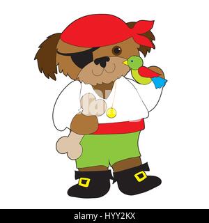 A dog dressed as a pirate has a parrot on one shoulder and is holding a large dog bone Stock Vector