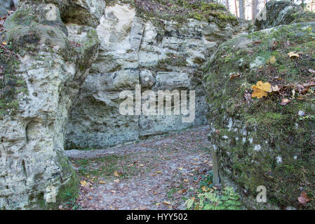 ancient sandstone cliffs with inscriptions in the Gaujas National Park, Latvia Stock Photo