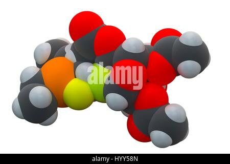 Auranofin drug molecule. Auranofin, marketed under the name Ridaura, is a gold(i) complex classified by the World Health Organisation as an antirheumatic agent. It is used to treat rheumatoid arthritis but also has interesting antiparasitic and antiviral effects. Chemical formula is C20H34AuO9PS. Atoms are represented as spheres: carbon (grey), hydrogen (white), oxygen (red), phosphorus (orange), gold (yellow) and sulphur (green). Illustration. Stock Photo