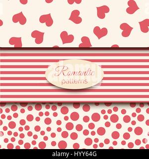 3 romantic vector seamless patterns. Pink and beige color tiling. Endless background can be used for printing onto fabric and paper or scrap booking. Wedding or Valentine Stock Vector