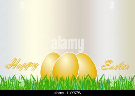 Three golden eggs with white borders are lying in the grass. The golden inscription Happy Easter is on the sides of the eggs Stock Vector