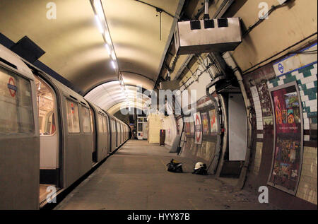 Holborn Underground station. Disused Aldwych branch platform 5. HAUNTING pictures have revealed the long-forgotten abandoned London Underground stations that lie deep below the city. The eerie images show the empty dusty Aldwych Underground station, which closed in 1994 and has been used as a film set for several high-profile productions including Sherlock, MR Selfridge and V for Vendetta. Other shots show other disused platforms and bricked up entrances to the former underground station including at Euston where the entrance closed in 1914 and the graffiti-clad Shoreditch station which closed Stock Photo