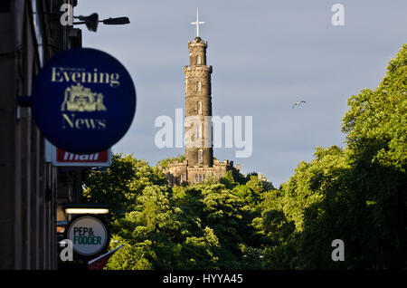 Partial view of Calton Hill, seen from the East End of Princes Street. The tower in the centre of the image is the Nelson Monument. Stock Photo