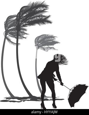 Female in the Windstorm and bent palm Stock Vector