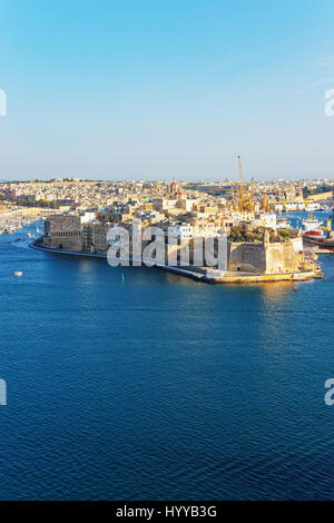 Senglea fort at Grand Harbor in Valletta, Malta. Seen from Upper Barracca public Gardens. Stock Photo