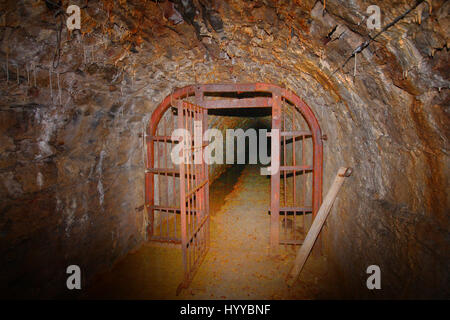 CALLINGTON, CORNWALL, UK: EERIE images reveal the Cornish mining tunnel that was once used to test explosives and research the potential impact of nuclear tests during the Cold War under the code name Operation Orpheus. The haunting pictures show inside the 2,180-foot tunnel where rusting sleepers and collapsing structures remain. Other shots, look down into an adit (entrance) and show the unsuspecting exterior of the mine where a metal gate has been closed across. The spectacular images were taken at the Excelsior Tunnel, Kit Hill, Callington, Cornwall by editor, Nat W (46) from London. To ta Stock Photo