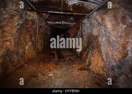 CALLINGTON, CORNWALL, UK: EERIE images reveal the Cornish mining tunnel that was once used to test explosives and research the potential impact of nuclear tests during the Cold War under the code name Operation Orpheus. The haunting pictures show inside the 2,180-foot tunnel where rusting sleepers and collapsing structures remain. Other shots, look down into an adit (entrance) and show the unsuspecting exterior of the mine where a metal gate has been closed across. The spectacular images were taken at the Excelsior Tunnel, Kit Hill, Callington, Cornwall by editor, Nat W (46) from London. To ta Stock Photo