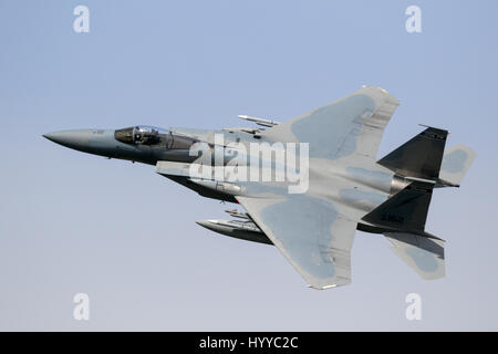 LEEUWARDEN, NETHERLANDS - APR 5, 2017: US Air Force F-15 Eagle fighter jet taking off during exercise Frisian Flag. Stock Photo