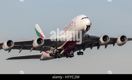 AMSTERDAM-SCHIPHOL - FEB 16, 2016: Emirates Airline Airbus A380 plane take off from Amsterdam-Schiphol airport. Stock Photo