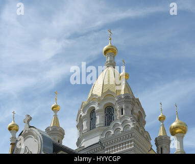 Close-up domes and exterior details of orthodox Christian cathedral of Protection of Holy Virgin (Pokrovsky) in Sevastopol, Crimea, Russia. Stock Photo