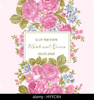 Embroidered floral frame with vintage roses and room for text on white background. Wedding invitation card. Vintage style. Template for your design. Stock Vector