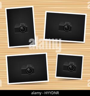 Paper horizontal, vertical and square photo set on brown wooden background. Empty exhibition collection of template to insert your photography. Pictur Stock Vector