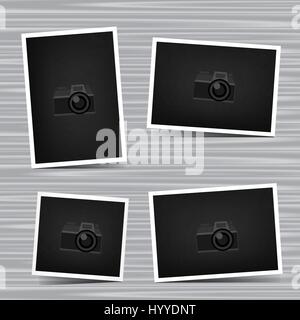 Paper horizontal, vertical and square photo set on gray wooden background. Empty exhibition collection of template to insert your photography. Picture Stock Vector