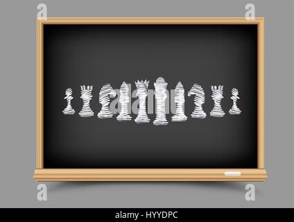 White drawing chess figures set collection on black education blackboard. Intellectual strategic lesson. Items for chessboard game Stock Vector