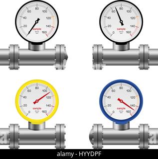 Pressure gauge pipe set isolated on white background. Gas water oil pump measure device collection. Industry meter instrument Stock Vector