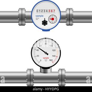 Pressure gauge water in pipe. Pump measure device set collection. Industry meter instrument Stock Vector
