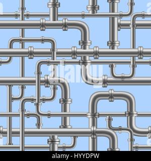 Chrome pipe seamless on blue background. Industry pump water gas oil gasoline diesel fuel supply system. Pipeline project plan. Easy to edit Stock Vector