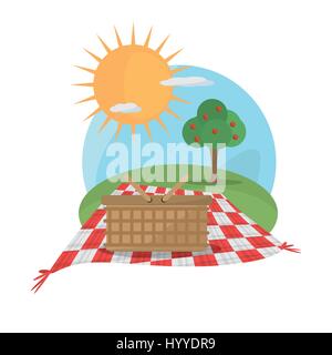 picnic basket tablecloth landscape Stock Vector