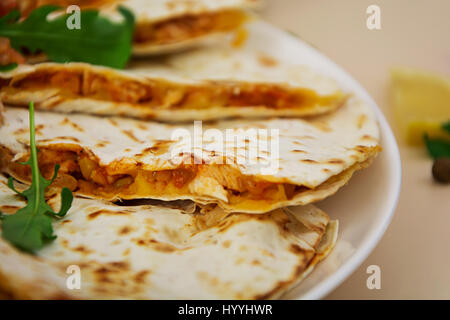 Quesadilla chicken and corn. Close view. Stock Photo