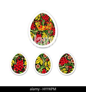 Sticker Set of eggs is painted with a flower pattern. Russian na Stock Vector