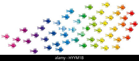 School of fish - rainbow colored young fish team - isolated comic illustration on white background. Stock Photo