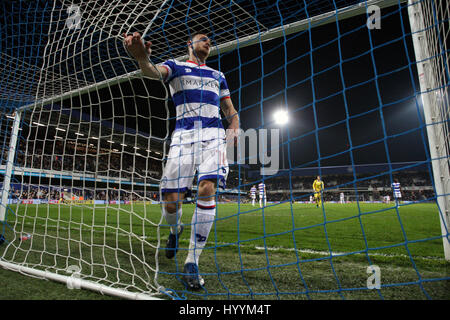 Queens Park Rangers' Jack Robinson appears dejected after Brighton & Hove Albion's Glenn Murray (not pictured) scores his side's first goal of the game during the Sky Bet Championship match at Loftus Road, London. Stock Photo