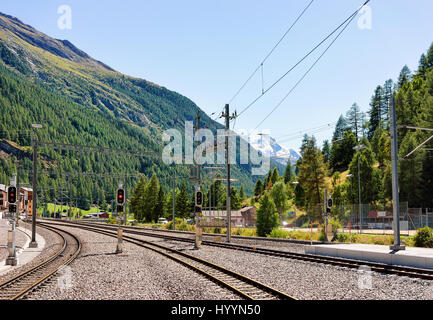 Railway train station and landscape in Zermatt, Valais,  Switzerland. Stock Photo