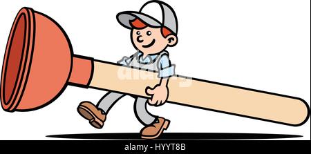 Plumber holding plunger. Vector Illustration Stock Vector