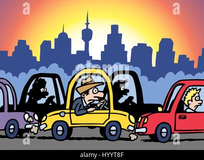 Traffic Jam, Man Stuck in Car. Vector Illustration. Stock Vector