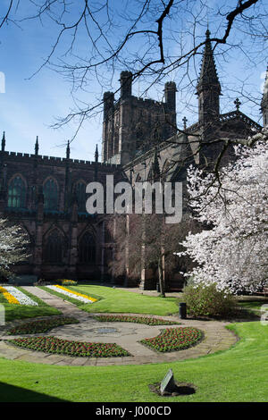 City of Chester, England. Picturesque spring view of the Cheshire Regiment Garden of Remembrance at Chester Cathedral. Stock Photo