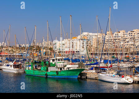 Yachts and boats anchored on marina in Ashkelon - coastal city on Mediterranean sea in Israel. Stock Photo