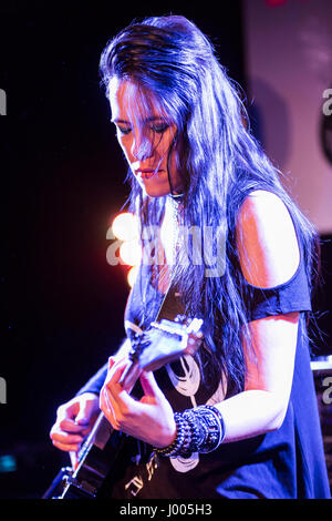 Frankfurt/Main, Germany. 5th April, 2017. Jen Majura, guitarist of American Gothic Metal Band Evanescence plays at Musikmesse's Guitar Camp Stage. The Musikmesse Frankfurt is the international trade fair for musical instruments, sheet music, music production and marketing. Credit: Christian Lademann Stock Photo