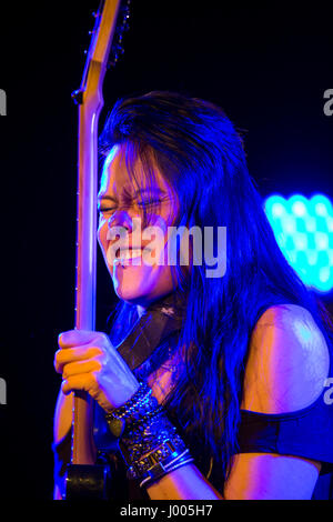 Frankfurt/Main, Germany. 5th April, 2017. Jen Majura, guitarist of American Gothic Metal Band Evanescence plays at Musikmesse's Guitar Camp Stage. The Musikmesse Frankfurt is the international trade fair for musical instruments, sheet music, music production and marketing. Credit: Christian Lademann Stock Photo