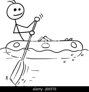 Cartoon vector stickman smiling enjoying sailing a rubber boat Stock Vector