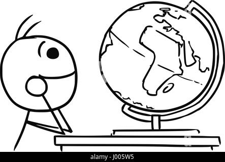 Cartoon vector stick man men daydreaming about travels around the Earth watching the globe Stock Vector