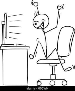 Cartoon vector doodle stick man office worker is watching the computer screen and jumping happy with arms up celebrating some success Stock Vector