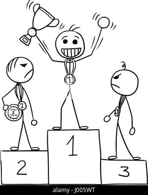 Cartoon vector stickman three males standing on the winners' podium rostrum, winner is enjoying and celebrating, losers are watching him in anger Stock Vector