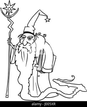 Cartoon vector old fantasy medieval wizard sorcerer or royal adviser with book, staff and full-beard Stock Vector