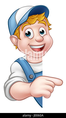 Cartoon handyman, builder, mechanic, carpenter, electrician or plumber character pointing Stock Photo