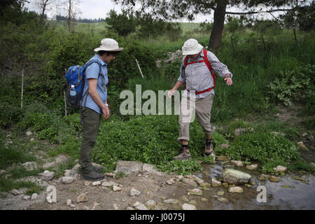 A 72 year old man hiker walks on pebbles keeping his balance carefully crossing a stream, his 61 year old woman friend watches he is fine and safe. Stock Photo