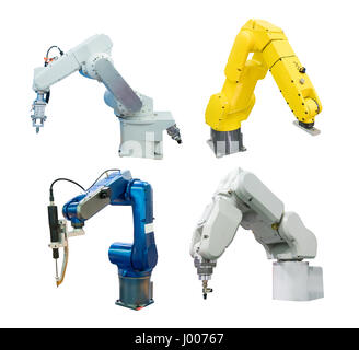 collection of robotic arms isolated on white,Smart factory industry 4.0 concept. Stock Photo