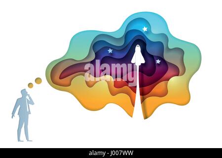 Business concept illustration. Businessman is thinking about start up project symbol launching rocket. Paper art style vector illustration. Elements a
