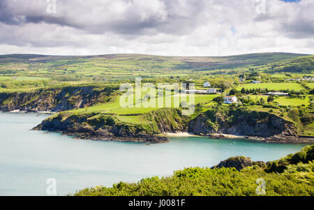 Green fields lead down to cliffs and sea at Newport Bay, seen from Dinas Head in the Pembrokeshire Coast National Park, Wales. Stock Photo