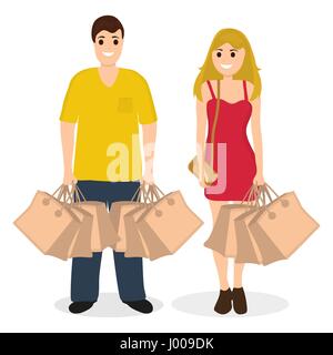 Woman and man on a shopping sale with purchases Stock Vector